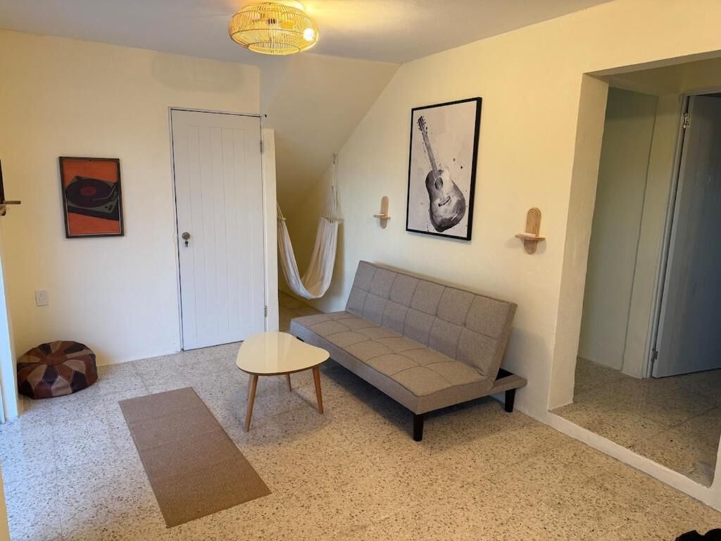 A room with a sofa, a small table, a hanging chair, and a door.