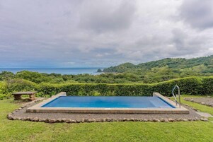 Una piscina rectangular con borde de piedra, rodeada por un césped cuidado y un seto.