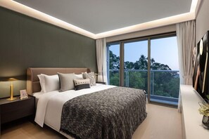A modern bedroom with a large bed, a nightstand, a lamp, and a view of the outdoors through a large window. - CM Plus Service Apartment Shenzhen Taige (Shenzhen)