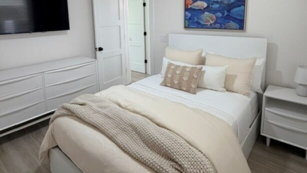 Un dormitori amb un llit, un ventilador de sostre, un quadre, un televisor i una tauleta de nit.