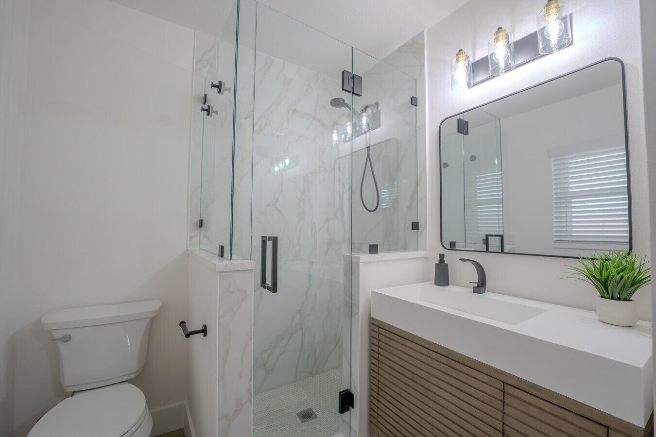 Un baño moderno con ducha envuelta en vidrio, inodoro blanco, lavabo con espejo y una planta pequeña en el mueble.