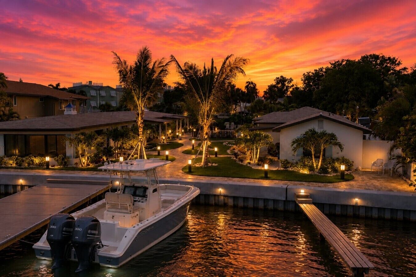 A waterfront property with a dock, a boat, and a well-lit garden area.