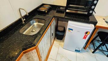 Basic Apartment, Kitchenette | Private kitchen | Mini-fridge, oven, stovetop, cookware/dishes/utensils