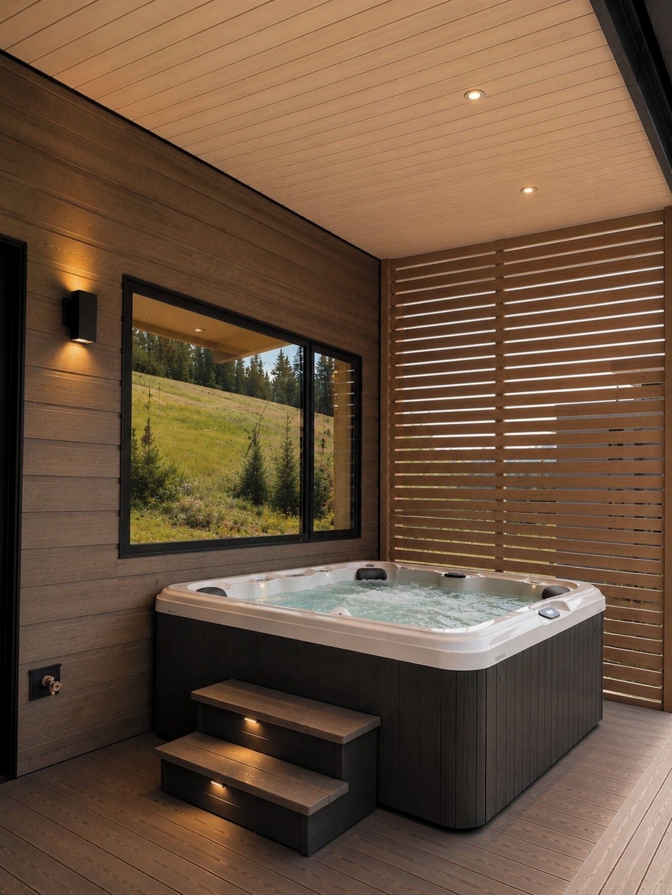A modern spa area with a hot tub, wooden steps, and a large window offering a view of a green landscape.