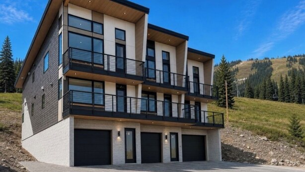 A modern multi-story residential building with a flat roof, large windows, and a balcony on the upper floor. - Dream Ski Chalet. Views. Ski-in Ski-out, hot tub, directly on ski run. #1 (Sandpoint)