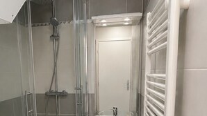 A bathroom with a glass-enclosed shower, a white sink with a mirror above it, and a toilet.