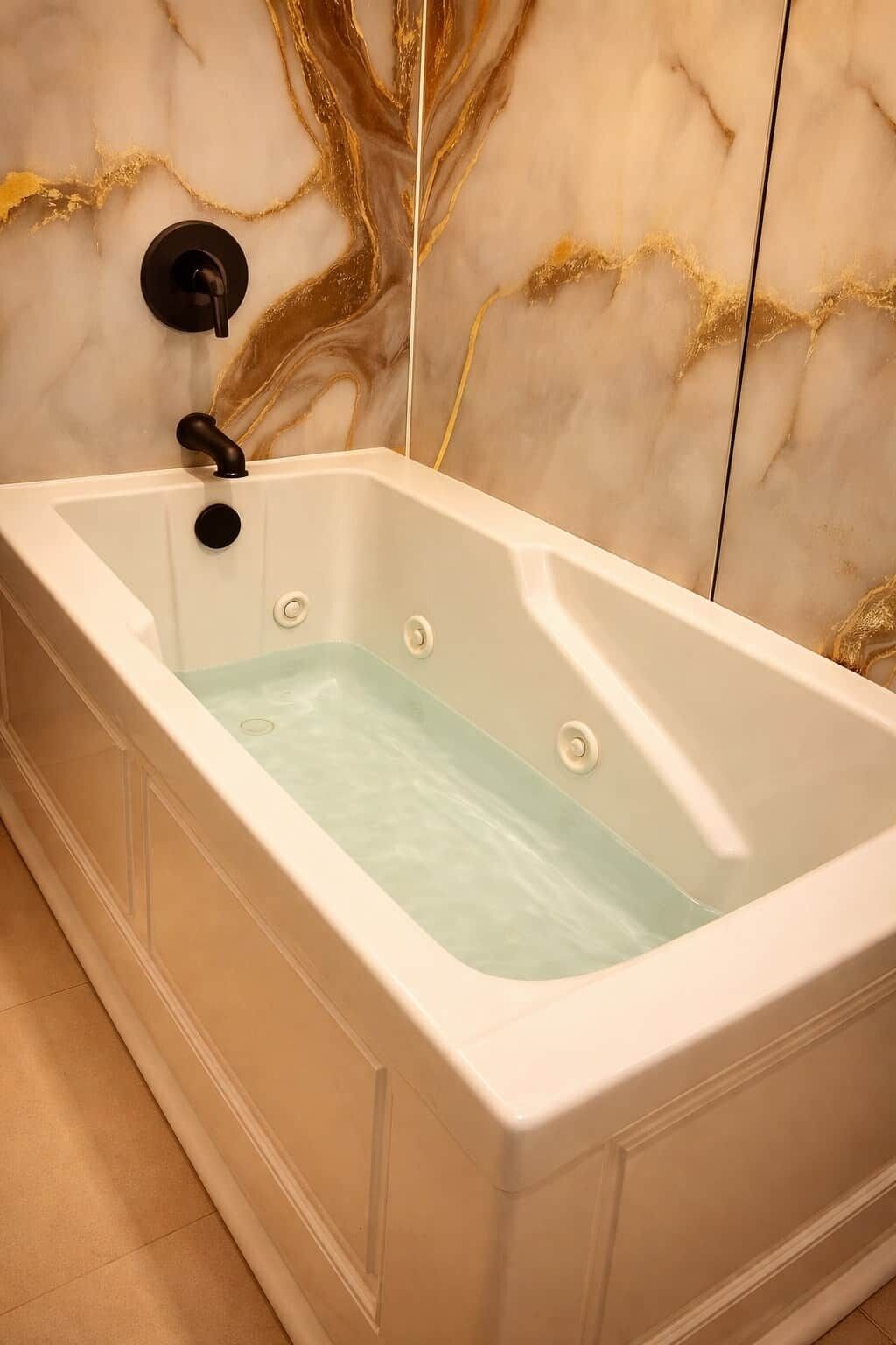 A rectangular bathtub with a faucet and control knobs, set against a marble wall with gold accents.