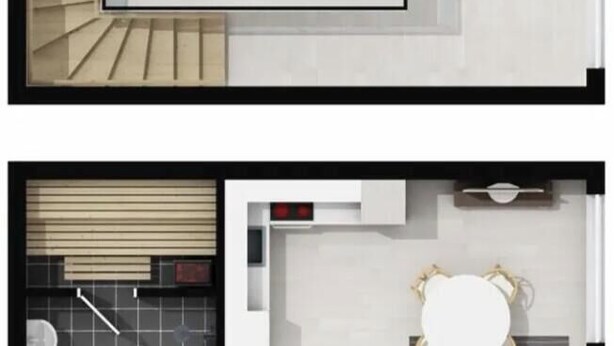 A top-down view of a modern apartment with a living area, kitchen, and a small balcony. - Levi Glass Roof Lodge | Luxury Aurora Igloo Experience (Levi)