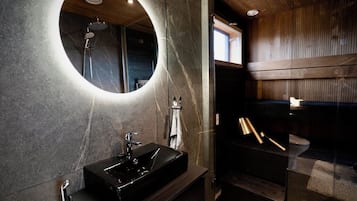 Hair dryer, towels, soap, shampoo