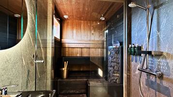 Hair dryer, towels, soap, shampoo