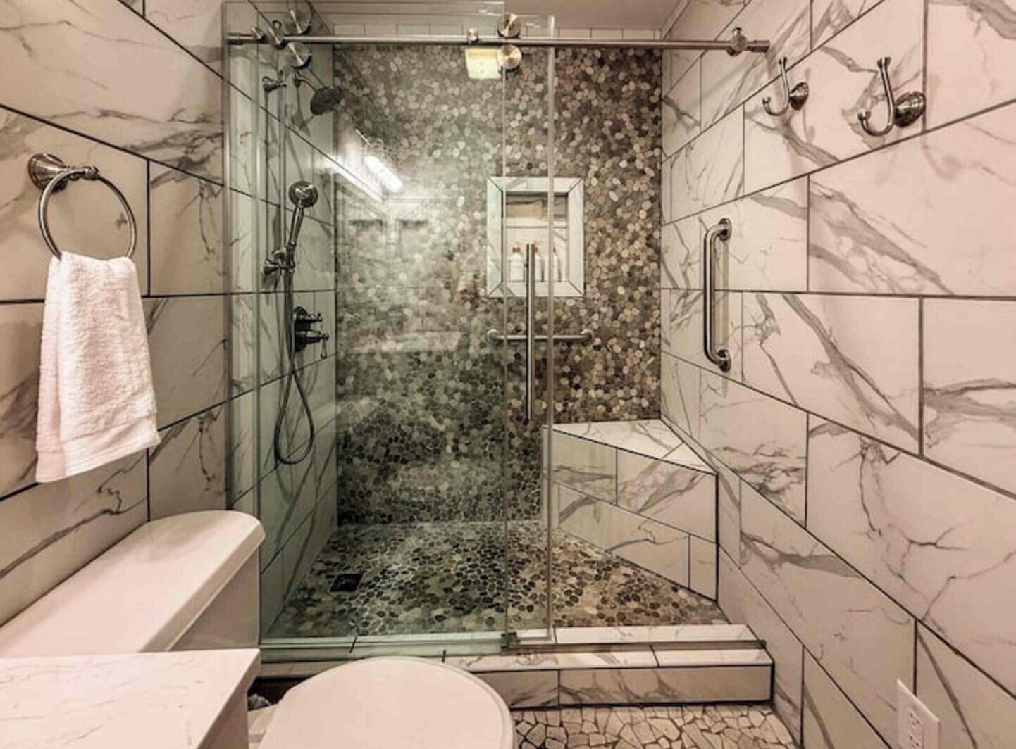 Hair dryer, towels, soap, toilet paper