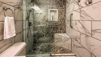 Hair dryer, towels, soap, toilet paper