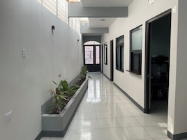 Un pasillo con una jardinera con plantas, piso de baldosas y una puerta que da a una habitación.