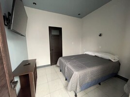 Un dormitorio con cama, cómoda, televisor y puerta.