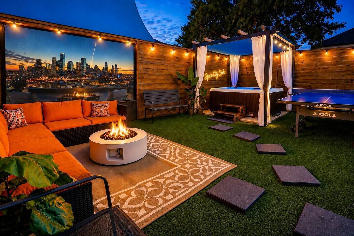 An outdoor patio with a fire pit, seating, a ping pong table, and a cityscape view.