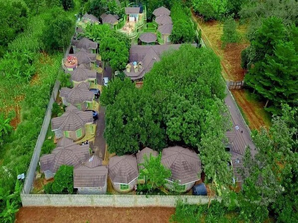 A residential area with multiple houses, a central green space, and a paved road.