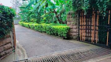 Un chemin pavé mène à une zone délimitée par une grille, où la végétation est luxuriante et où un mur de pierre se dresse d’un côté.