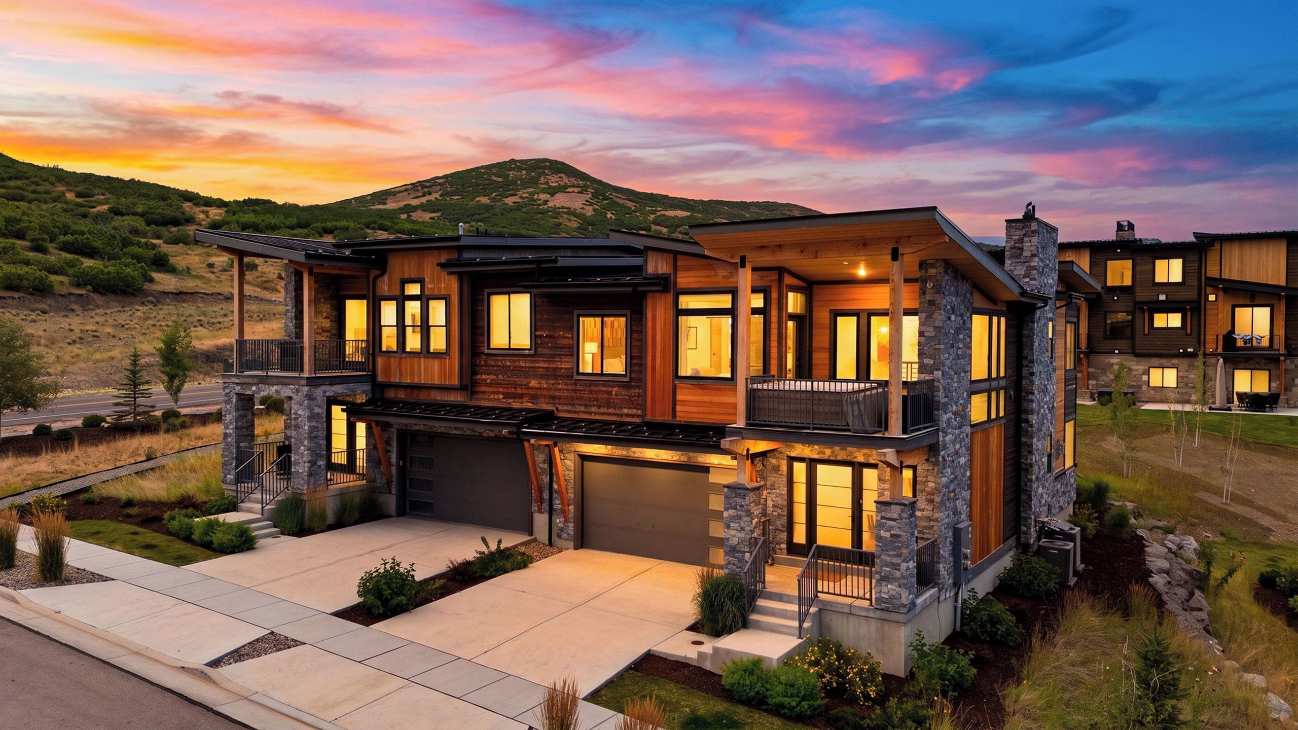 A modern two-story house with a garage, large windows, and a stone facade.