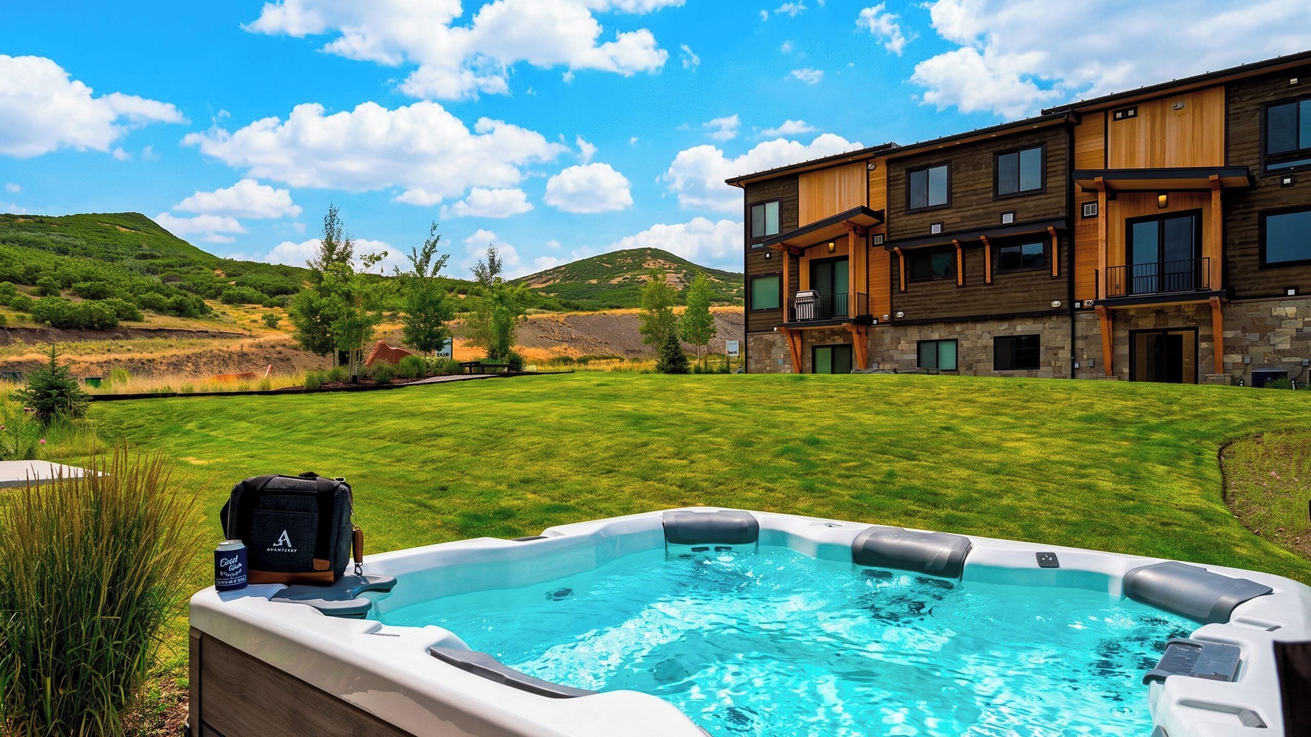 A modern two-story house with a swimming pool in the foreground.