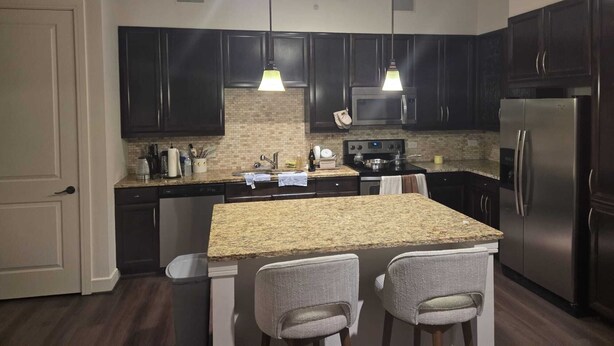 A modern kitchen with dark cabinets, a granite countertop, stainless steel appliances, and pendant lighting. - Cozy 1-bedroom apartment 4 mins from galleria mall Houston location (Houston)