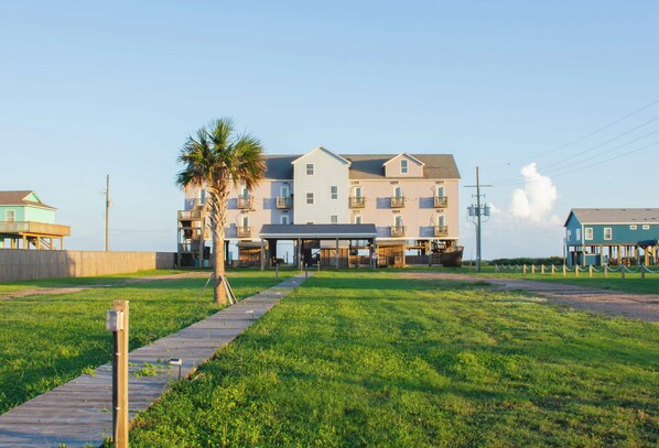 A beachfront hotel with multiple floors, a covered walkway, and a palm tree.
