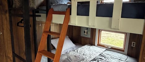 A bunk bed with a ladder, a shelf unit, and a window with a view.