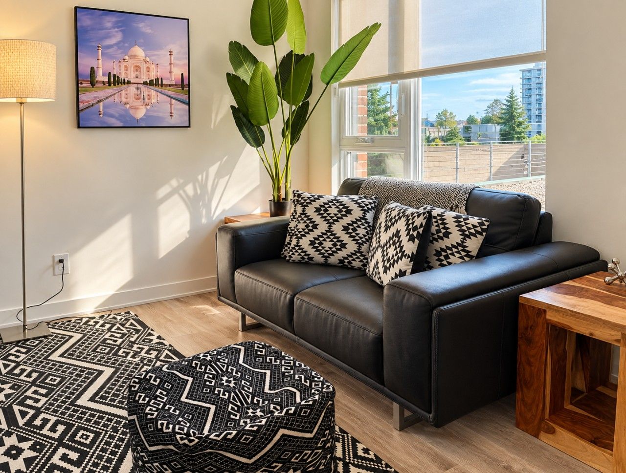 A modern living room with a black leather sofa, patterned cushions, a large potted plant, and a framed picture of the Taj Mahal.