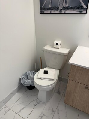 Ein Badezimmer mit Toilette, einem Mülleimer und einem Holzschrank.