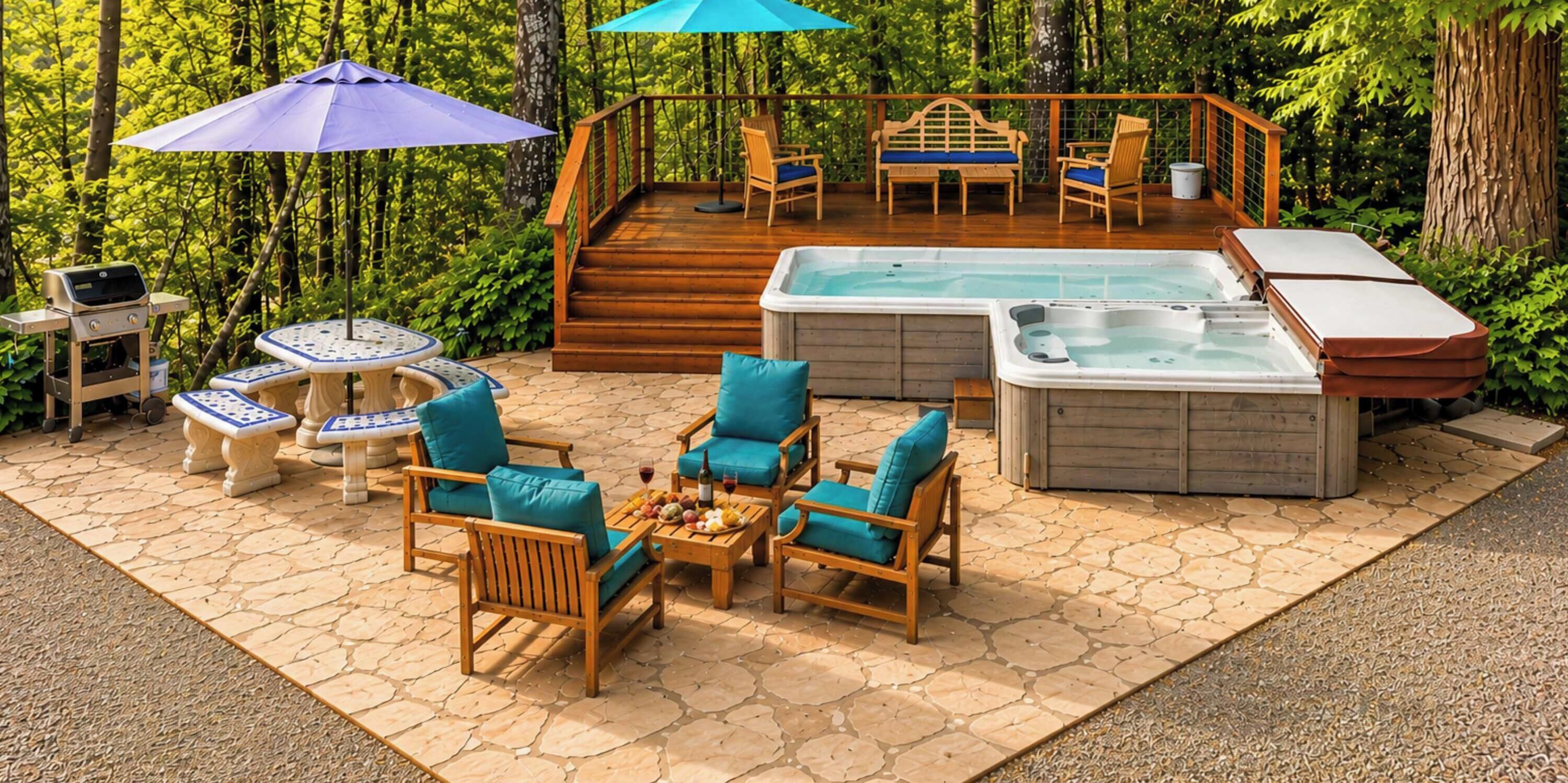 An outdoor patio with a hot tub, wooden deck, and seating area.