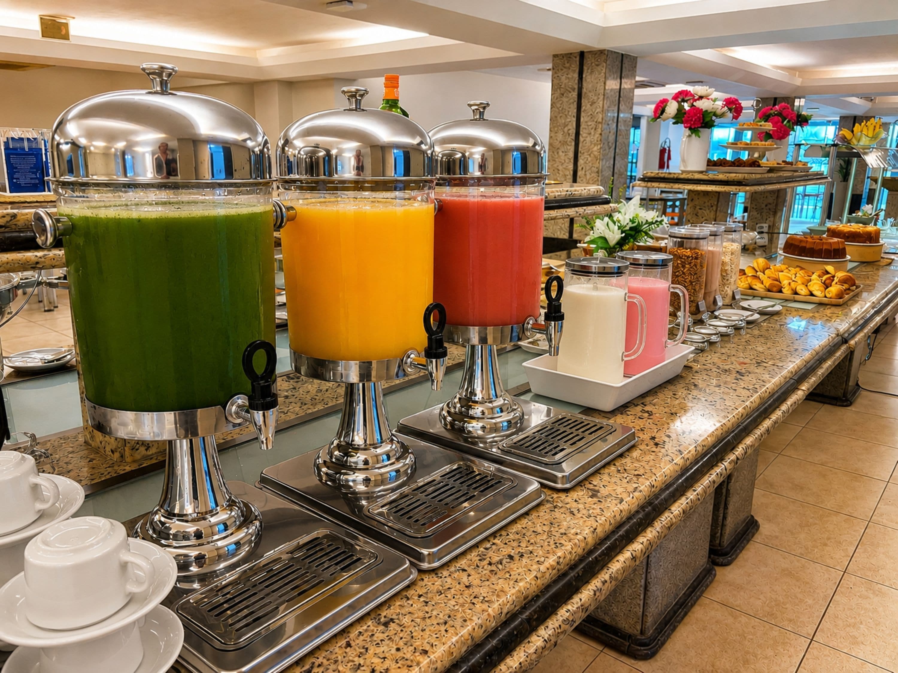 Zona de bufé con dispensadores de bebidas de autoservicio, diversas opciones de comida y un interior moderno y cuidado.
