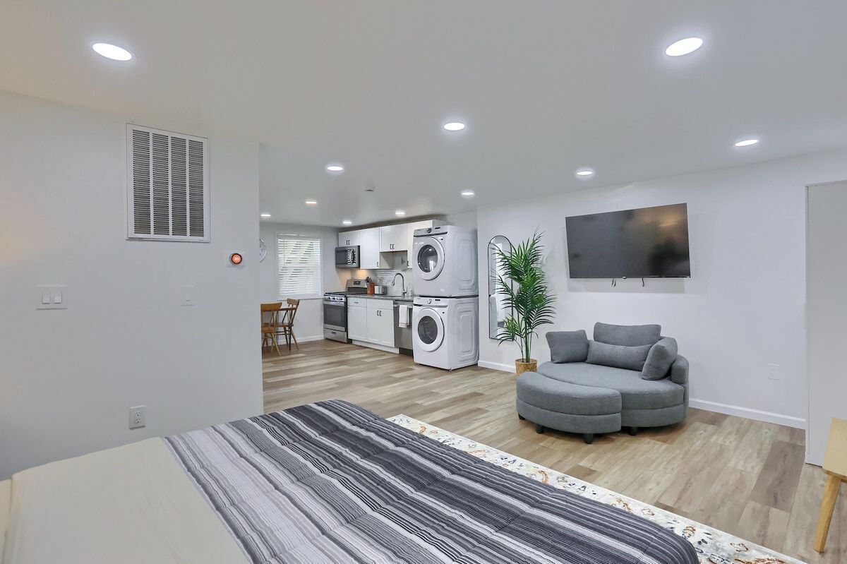 A modern living space with a kitchen, a grey sofa, a flat-screen TV, and a striped area rug.