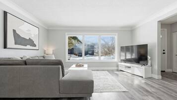 Un salon moderne avec un canapé gris, un téléviseur à écran plat et une grande fenêtre donnant sur un paysage enneigé.