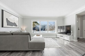 Een moderne woonkamer met een grijze bank, een flatscreen televisie en een groot raam met uitzicht op een besneeerd landschap.