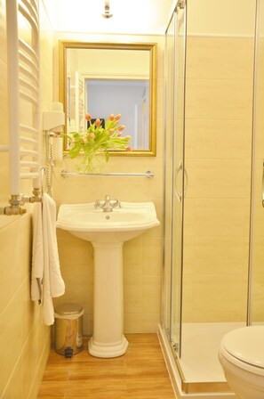 Ein Badezimmer mit einem Standwaschbecken, einer Duschkabine aus Glas und einer Toilette.