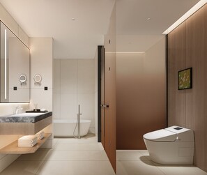 A modern bathroom with a vanity, mirror, toilet, and shower. - Mehood Lestie Downtown Guangzhou (Guangzhou)