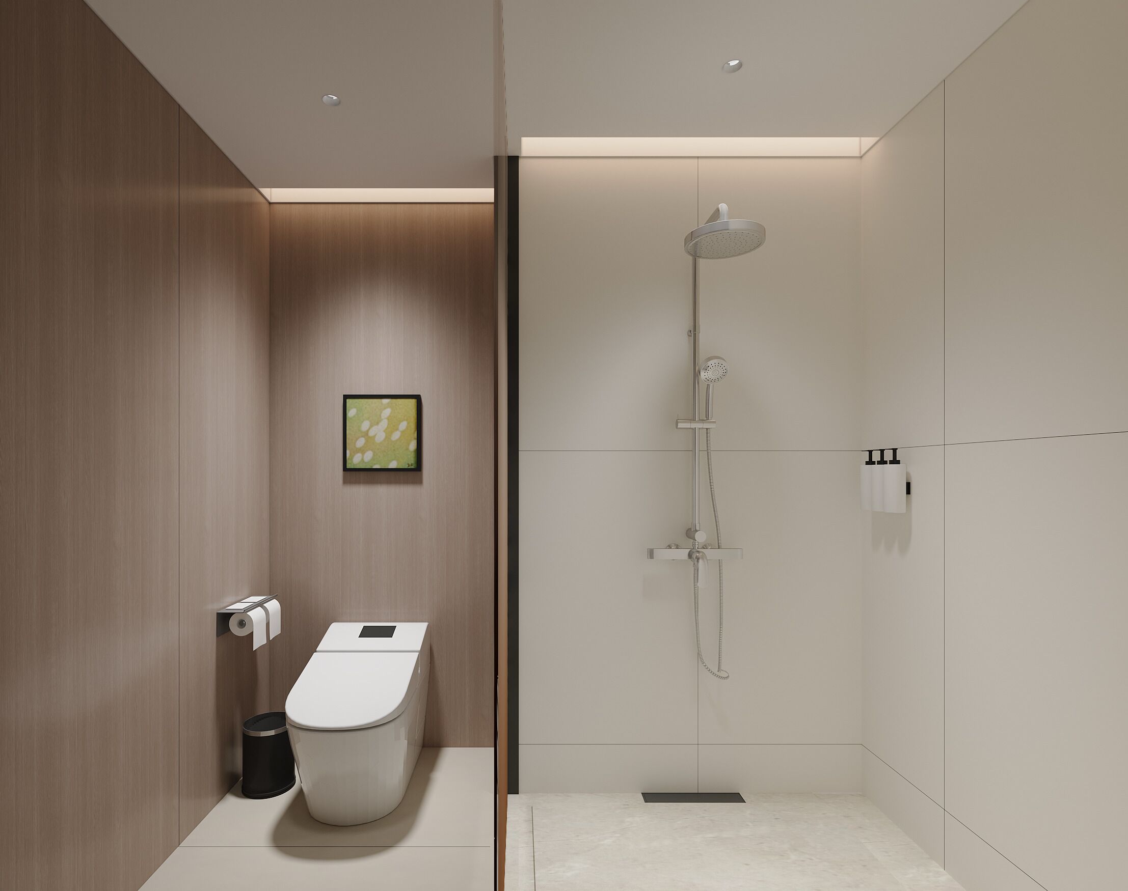 Un baño moderno con inodoro, bidé y ducha.