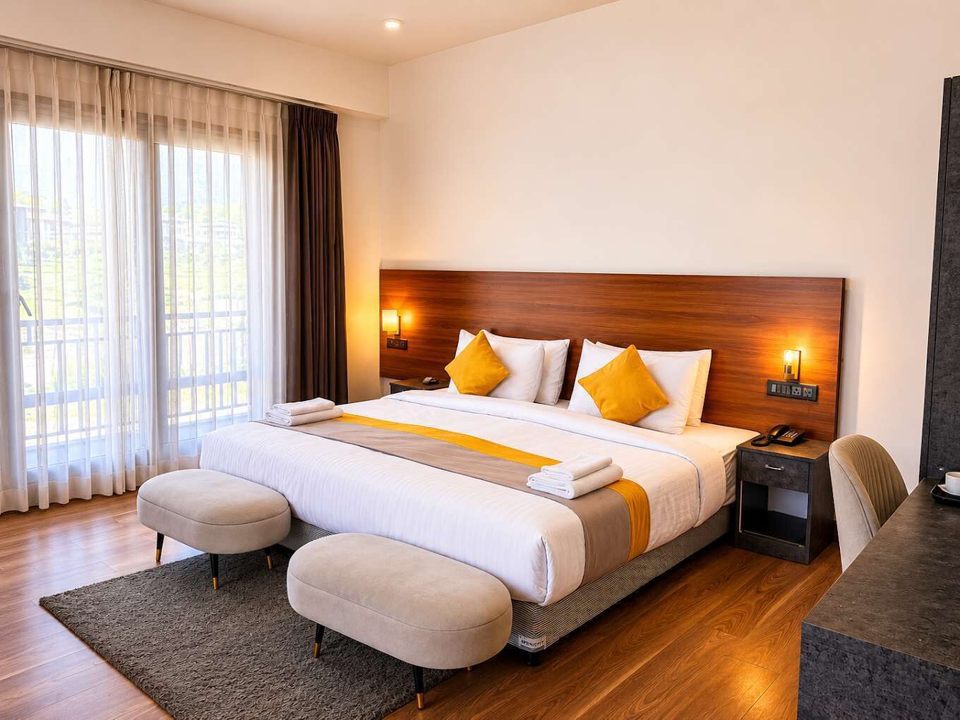 A hotel room with a large bed, two bedside tables, a desk, and a chair.