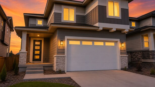 Une maison moderne à deux étages, dotée d’un garage, d’une porte d’entrée et d’un mur d’accent en pierre.