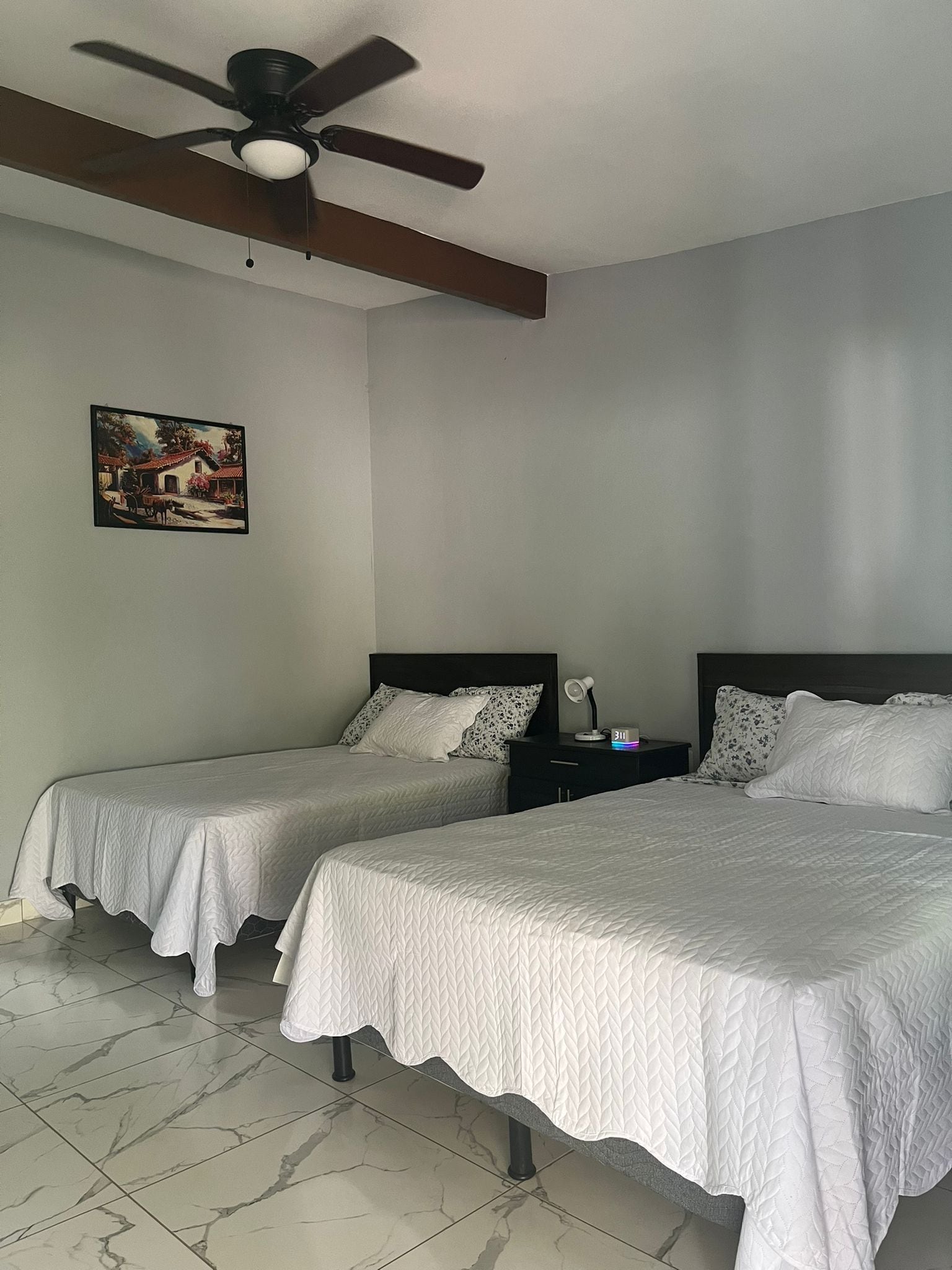 Une chambre d’hôtel avec deux lits simples, un ventilateur de plafond, une table de chevet avec une lampe et un tableau au mur.