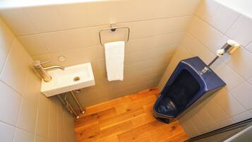 A small bathroom with a sink, a toilet, and a wooden floor.