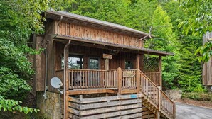 Ein rustikales Holzhaus mit Veranda, Treppe und Satellitenschüssel.