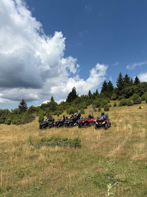 A group of all-terrain vehicles parked on a grassy field with trees in the background.