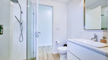 A modern bathroom with a glass-enclosed shower, a toilet, and a sink with a mirror above it.