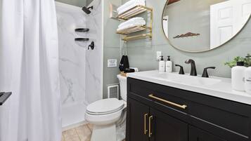 Hair dryer, towels, shampoo, toilet paper
