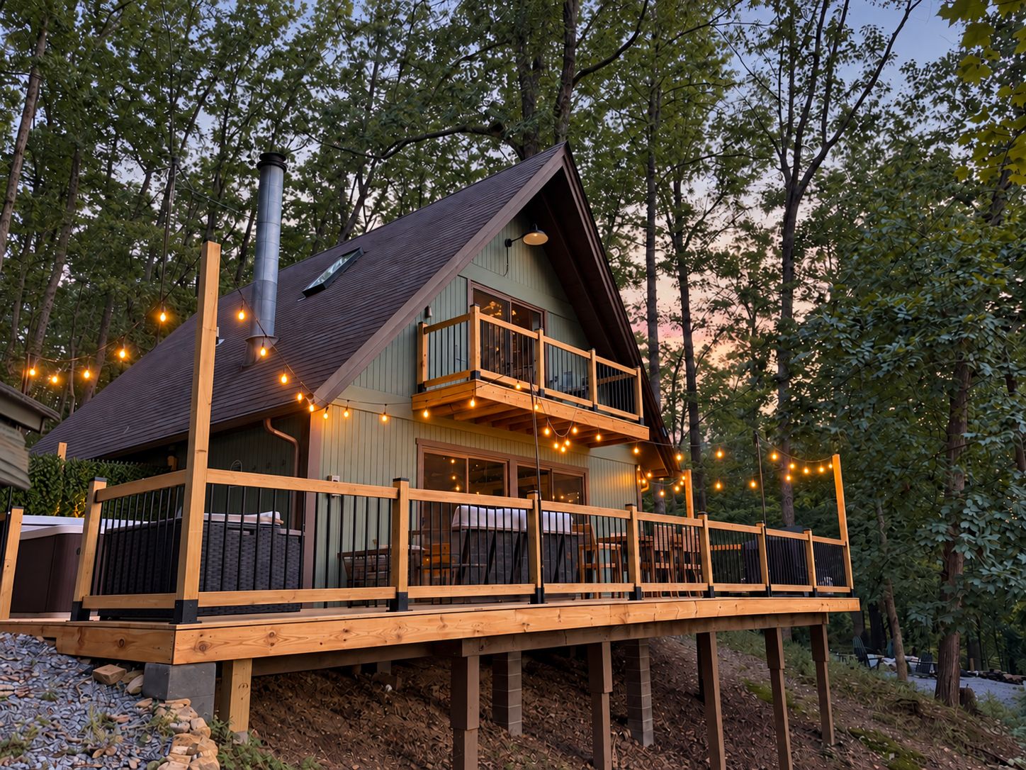 A two-story wooden cabin with a balcony, surrounded by trees.