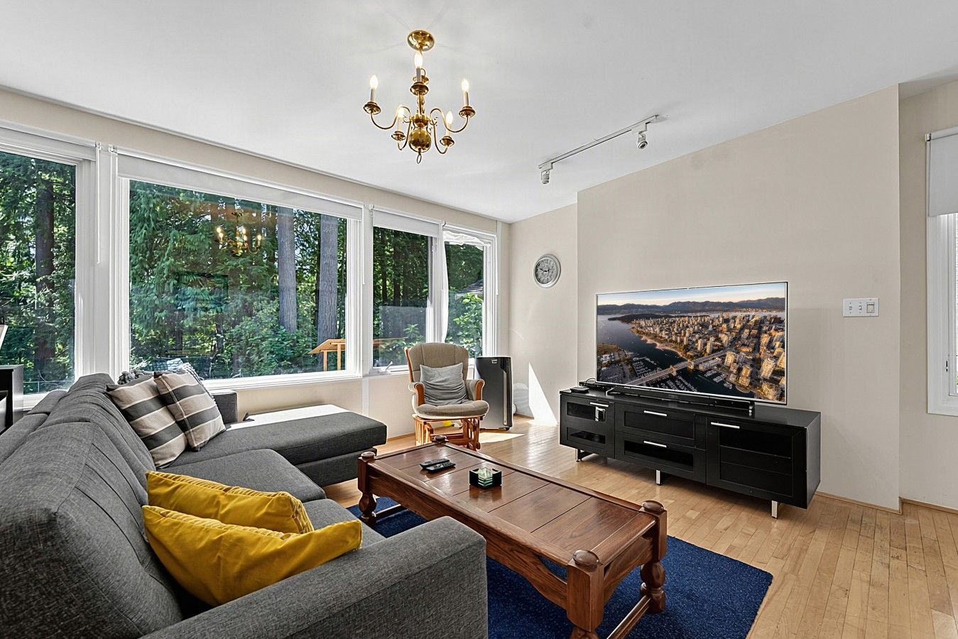 A modern living room with a sofa, coffee table, TV, and a large window with a cityscape view.