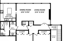 Plano de planta que muestra un comedor, cocina, dos dormitorios, sala de estar y dos armarios.