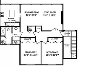 A floor plan with a dining room, kitchen, two bedrooms, a living room, and two closets.
