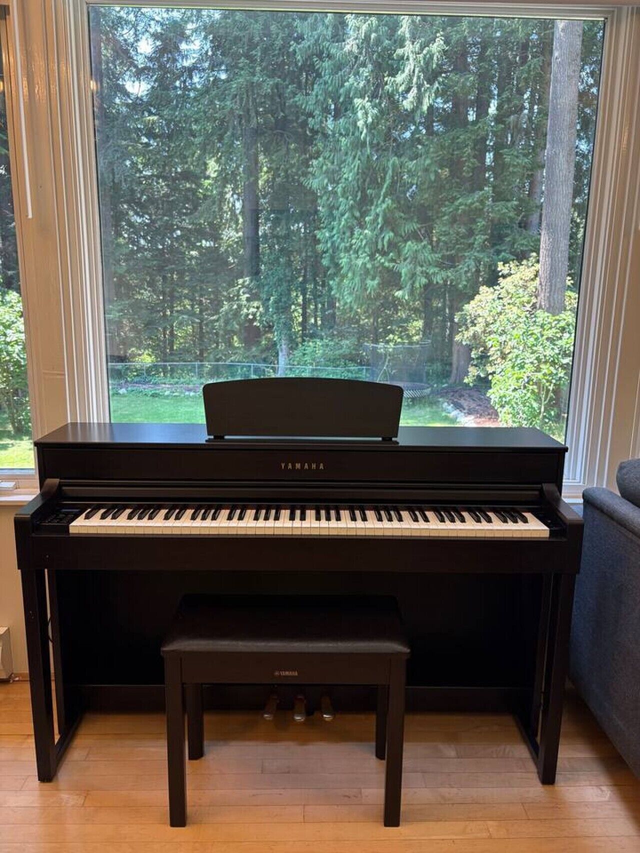 A Yamaha upright piano with a bench in a room with a large window overlooking a forest.