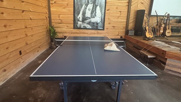 Ein Tischtennistisch in einem Raum mit Holzwänden und einem großen gerahmten Bild.